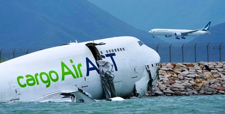 Cargo Plane Skids Off Runway Into Sea at Hong Kong Airport, Killing Two Workers